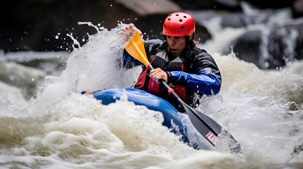 Foto kayaker navegando por rápidos de aguas blancas durante un evento deportivo extremo