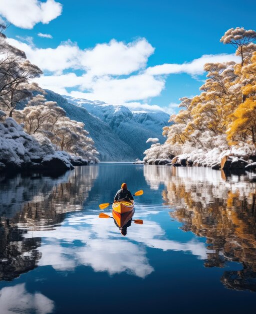 Foto kayaker remando por el lago ness en la nieve y el hielo