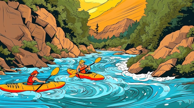 Kayakers remando através de corredeiras de um rio Conceito de fantasia Pintura de ilustração