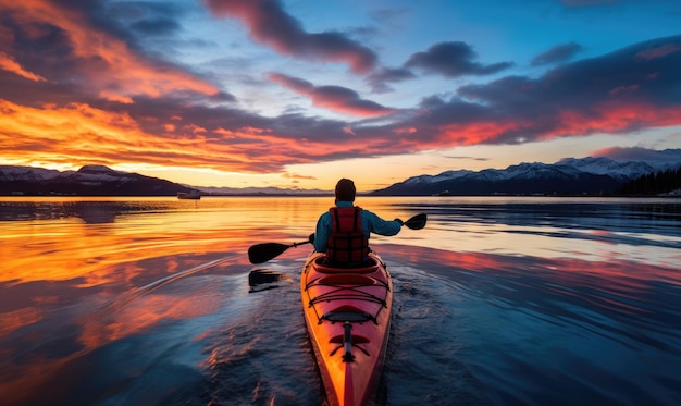 Un kayakista disfrutando de la tranquilidad de un lago al atardecer