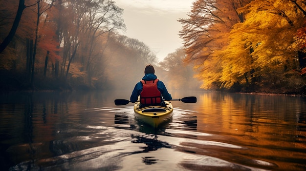 Un kayakista flota por el río en el bosque de otoño 1