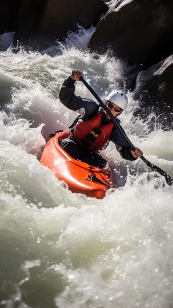 Foto un kayakista navegando a través de rápidos de agua blanca