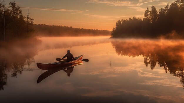 Un kayakista remando pacíficamente a través de un tranquilo lago reflectante al amanecer