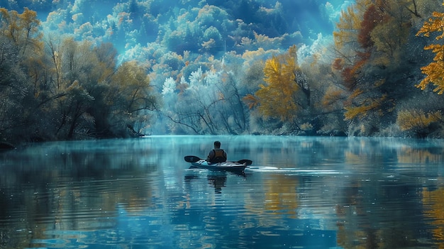 Foto un kayakista solitario remó a través de un lago brumoso rodeado de coloridos árboles de otoño el agua está tranquila y todavía refleja el cielo y los árboles