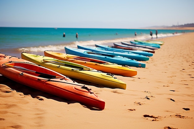 Foto kayaks alineados en la orilla