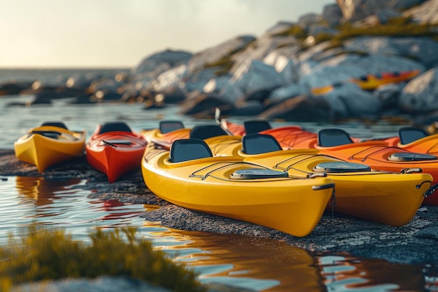 Foto kayaks de colores alineados en una costa rocosa