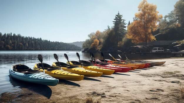 Foto kayaks coloridos en la orilla de un río con árboles de otoño en el fondo