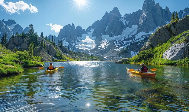 kayaks en un lago de montaña con montañas en el fondo