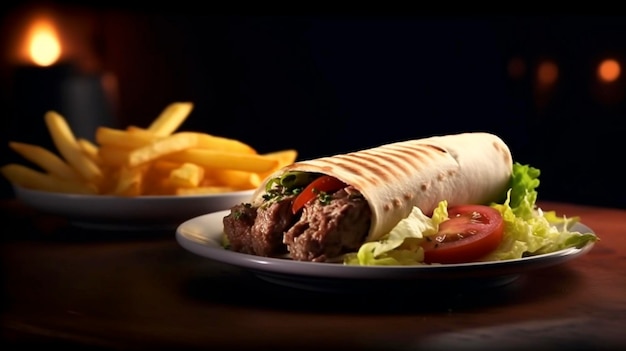 Kebab auf einem Teller mit Pommes Frites und Salat