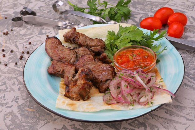 el kebab de carne es un plato nacional carne a la parrilla sobre brasas con salsa para el menú foto de alta calidad