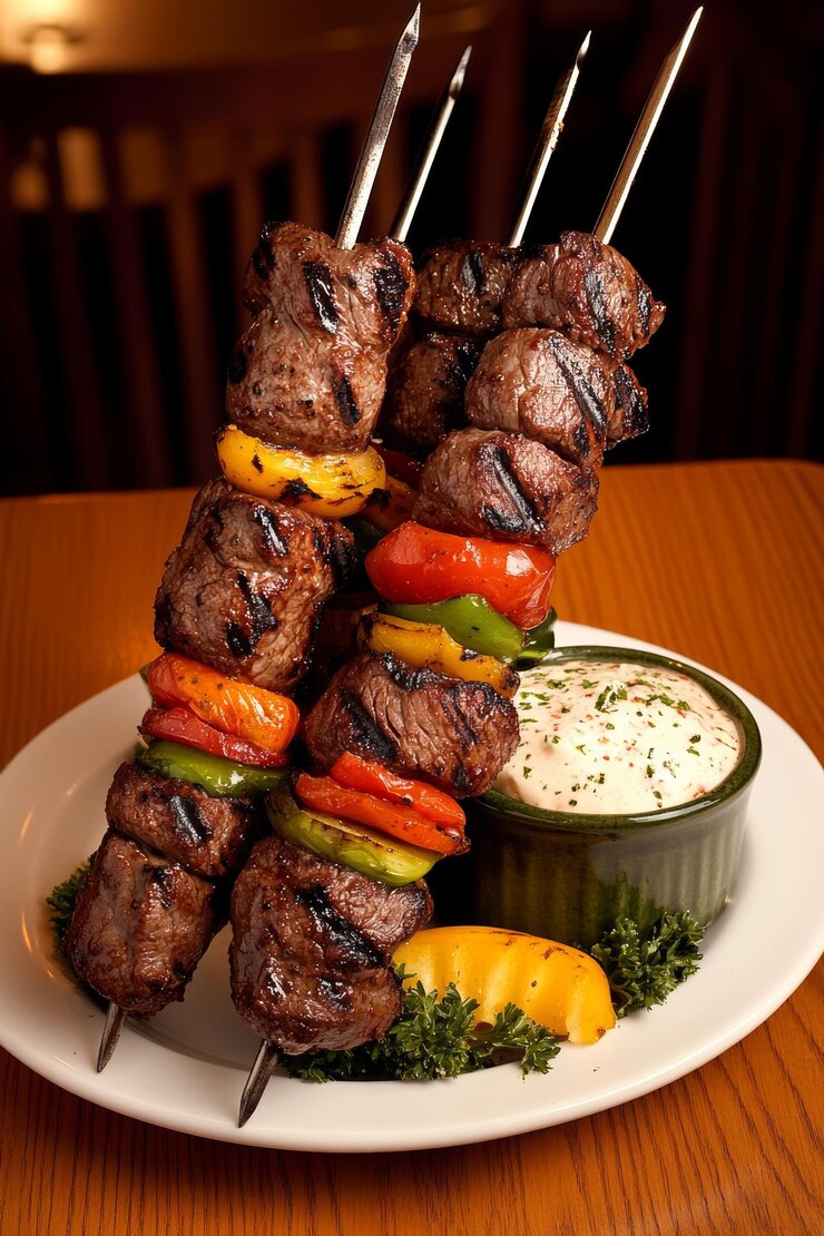 Foto kebab de carne con salsa de granada y brochetas de verduras asadas para disfrutar en una cena deliciosa