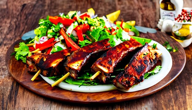 kebab de costillas de cordero con ensalada de verduras y granos de pimienta en una mesa de madera