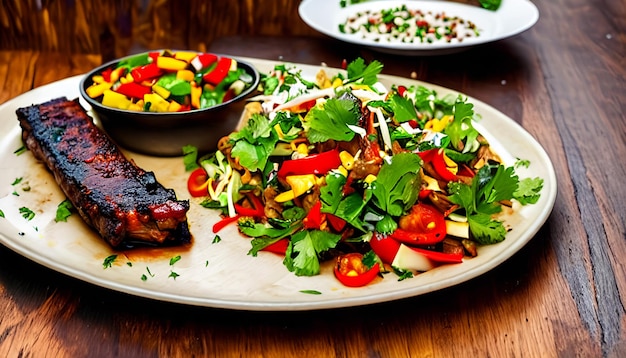 kebab de costillas de cordero con ensalada de verduras y granos de pimienta en una mesa de madera