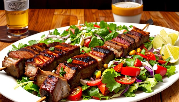 kebab de costillas de cordero con ensalada de verduras y granos de pimienta en una mesa de madera