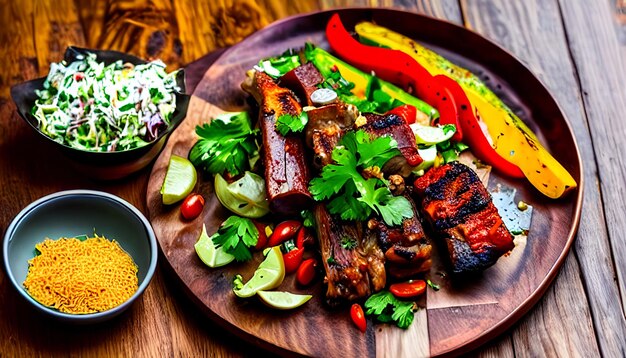 kebab de costillas de cordero con ensalada de verduras y granos de pimienta en una mesa de madera