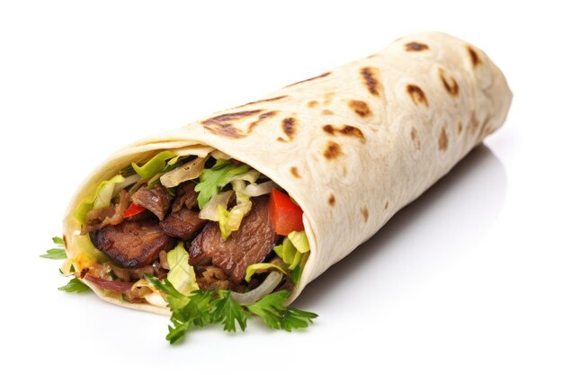 Kebab de carne em um fundo branco de tortilla