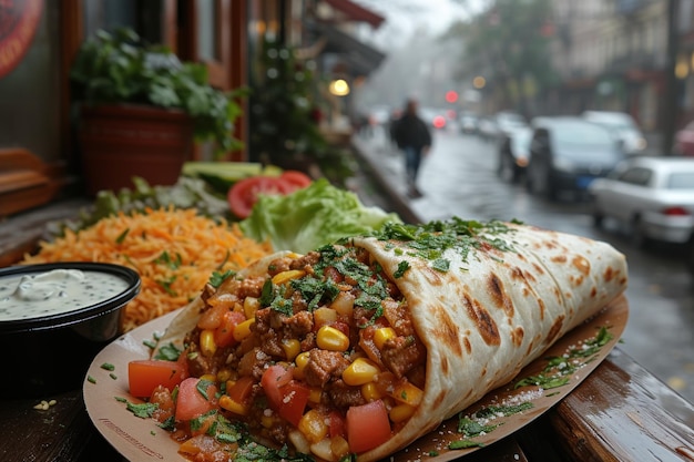 Kebab de comida de rua deliciosa numa calçada movimentada da cidade ao anoitecer