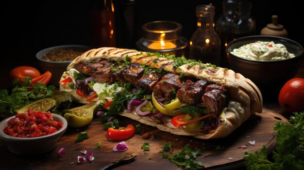 Kebab delicioso cheio de carne e legumes fundo preto e desfocado