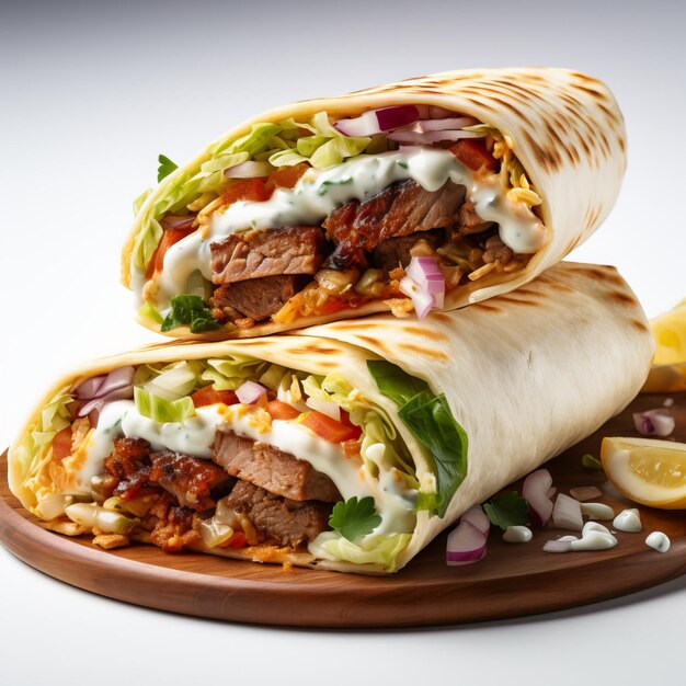 Kebab Doner com vegetais e carne em fundo branco