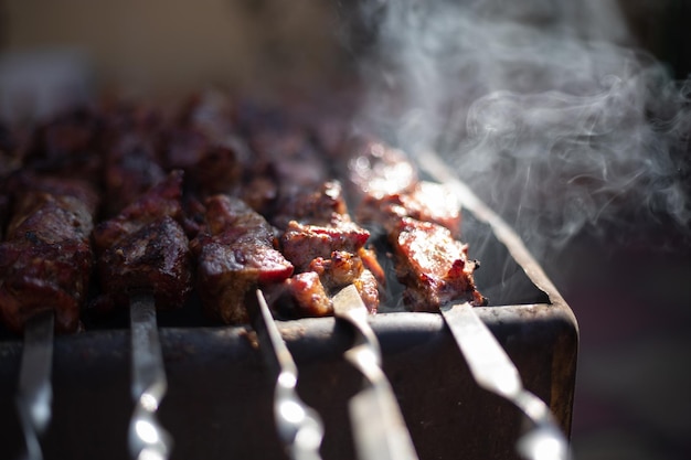 Kebab frito en una parrilla casera con profundidad de campo de humo