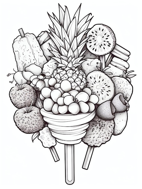 Kebab de frutas con piezas coloridas sabrosos postres página de libro de colorear en blanco y negro para adultos y