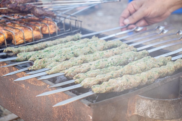 Kebab en el fuego asando kabob en el carbón durante el picnic