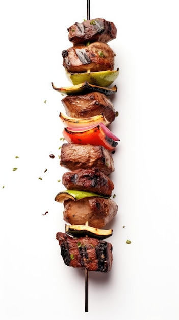Kebab grelhado no espeto com pimentão e cebola em um fundo branco