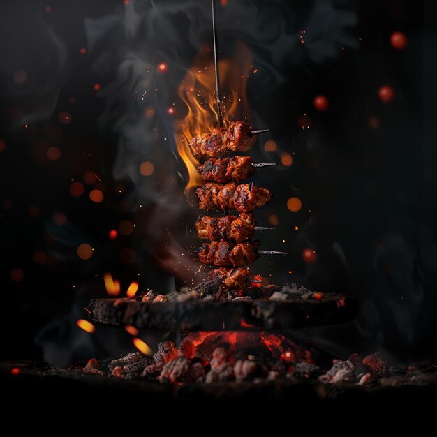 Foto kebab jugoso en carbón fondo oscuro chispas de fuego foto realista