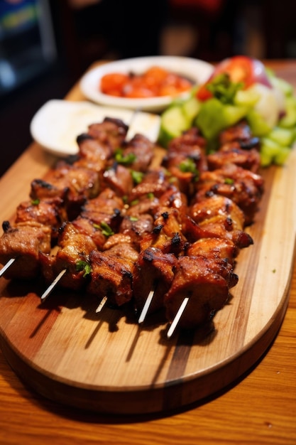 Kebab a la parrilla con ensalada fresca en una tabla de madera