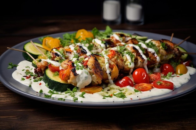 Kebab de pollo y verduras con salsa Tzatziki