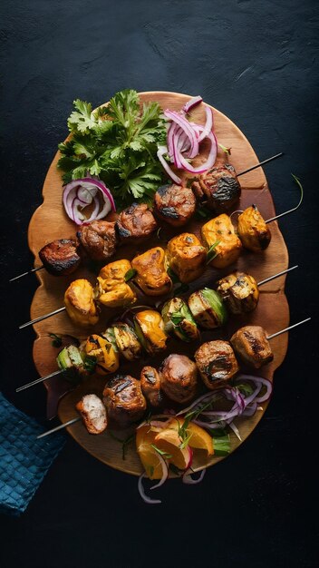 Kebab prato com cordeiro e frango lula e tikka kebabs vegetais grelhados com salada de cebola vermelha