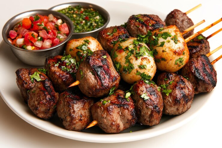 Foto kebab con salsa de granada y brochetas en un plato decorativo en una mesa bien presentada