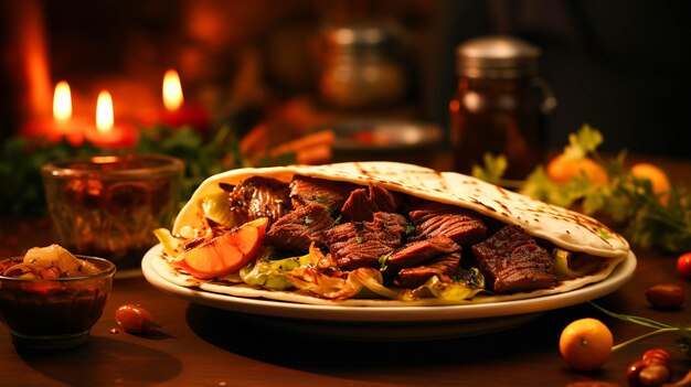 Kebab de ternera en el plato con verduras asadas sobre fondo amarillo