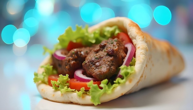 Kebab turco con pan de pita en el fondo de bokeh