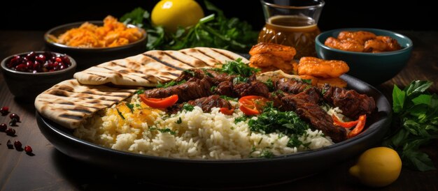 Kebab turco tradicional com arroz e legumes na mesa de madeira