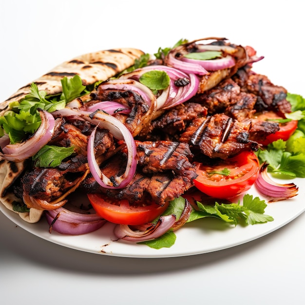 Foto kebab urfa a la parrilla con ensalada de tomate y cebolla con fondo blanco aislado