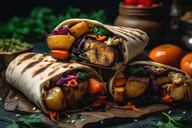 Kebab vegano carregado com tubérculos assados, como batata pastinaca e cenoura grelhada até ficar crocante Generative AI