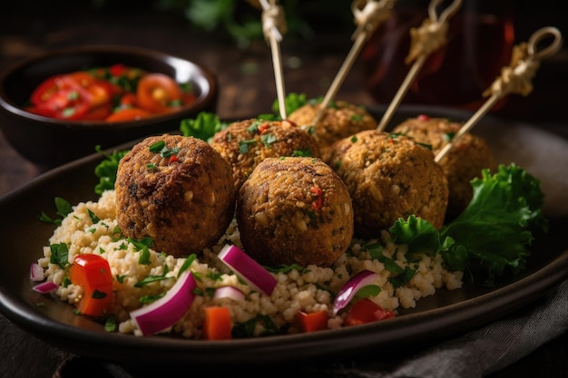 Kebab vegano con estilo mediterráneo con bolas de falafel, hummus y tabulé en brocheta IA generativa