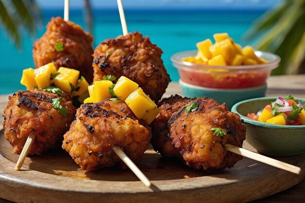 Foto kebabs de conchas fritas inspirados en el caribe con sal de mango