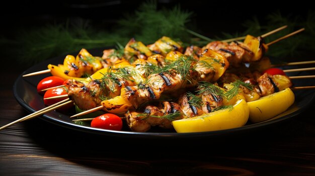 kebabs de carne e legumes em mesa de madeira rústica Ai generativo gerado por AI