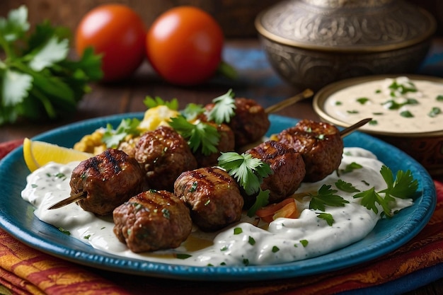 Foto kebabs kofta de inspiración del medio oriente con salsa de yogur