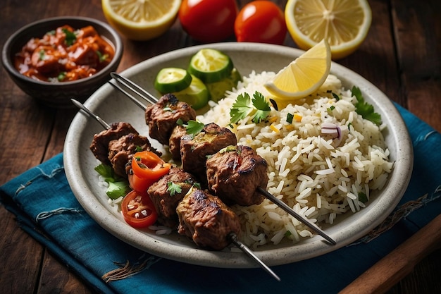 Foto kebabs seekh com pilaf de arroz com limão grego