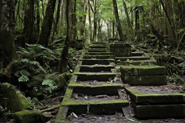 Foto kediri, indonesia, vista de abril de escaleras de cemento o hormigón en medio de un denso bosque