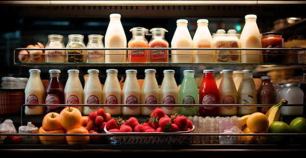 Foto kefir de leche productos lácteos en una tienda refrigerada vitrina en un supermercado imagen generada por ia