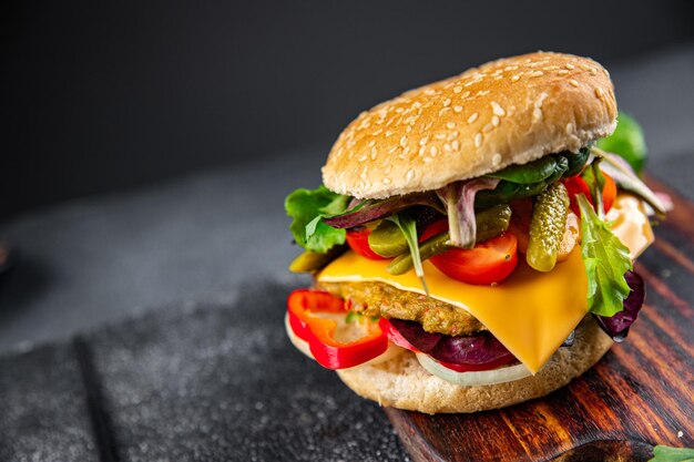 kein fleisch burger vegetarisches kotelett gemüse fleisch tomate gurke salat mahlzeit essen snack auf dem tisch