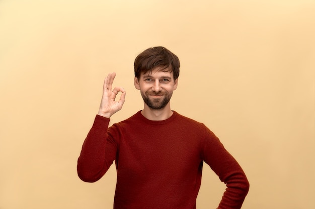 Kein Problem. Foto des jungen Mannes mit Bart, der Pullover trägt, zeigen okay Zeichen, hat Lächeln, das gegen beige Wand aufwirft.