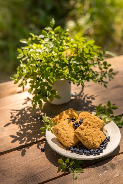 Keksdessert mit Blaubeeren auf Holztisch im Freien