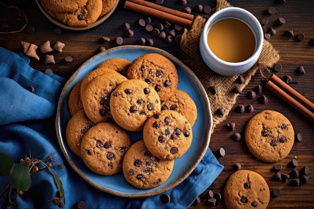 Kekse mit Schokochips auf dem Küchentisch, professionelle Werbung für Lebensmittelfotografie