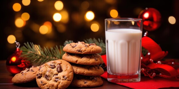 Kekse mit Schokoladenstücken und Milch in einem Becher Essen für den Weihnachtsmann für Weihnachten Banner Kopierraum hohe Qualität