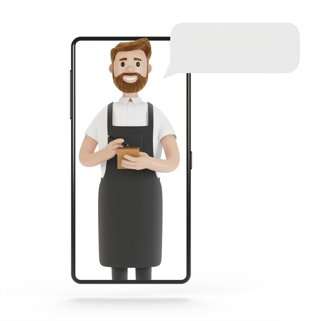 Kellner am Smartphone-Bildschirm Online-Lieferkonzept aus Restaurant 3D-Illustration im Cartoon-Stil
